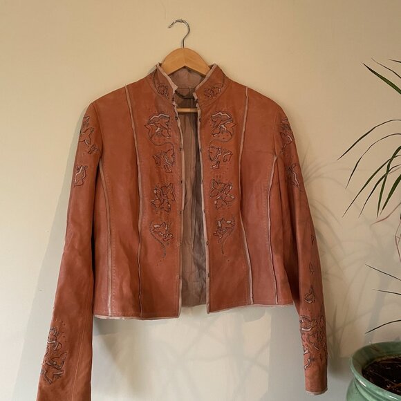 Vintage Elie Tahari Ornate Brown Leather Biker Jacket with linen lining - medium - Picture 2 of 8